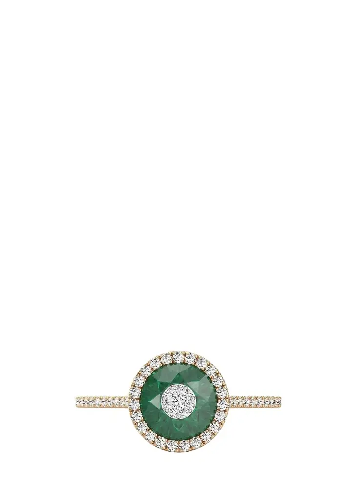 18K Yellow Gold 7mm Diamond and Emerald Fusion Ring with Halo 18K Yellow Gold 7mm Diamond and Emerald Fusion Ring with Halo