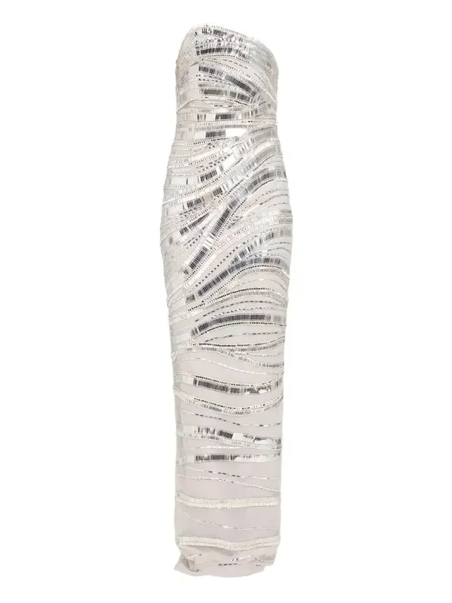 Wave Beaded Tulle Strapless Column Gown