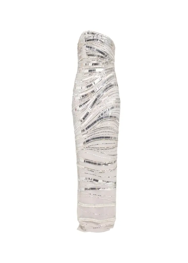 PAMELLA ROLAND Wave Beaded Tulle Strapless Column Gown
