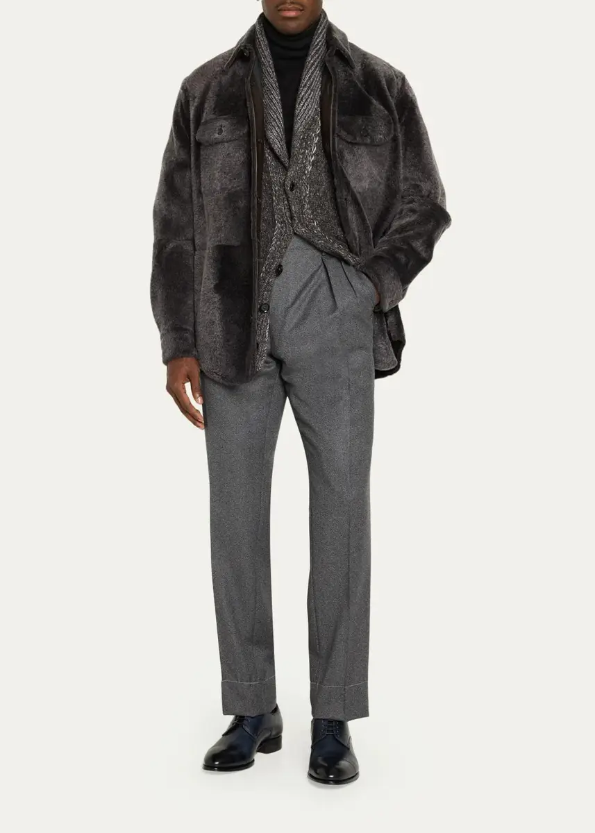 Brioni Men's Elba Wool Flannel Double-Pleated Trousers | Thumbnail 2