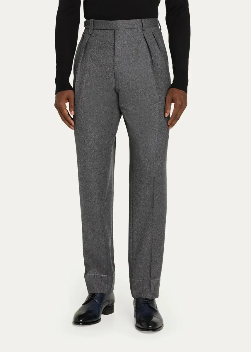 Brioni Men's Elba Wool Flannel Double-Pleated Trousers | Thumbnail 4