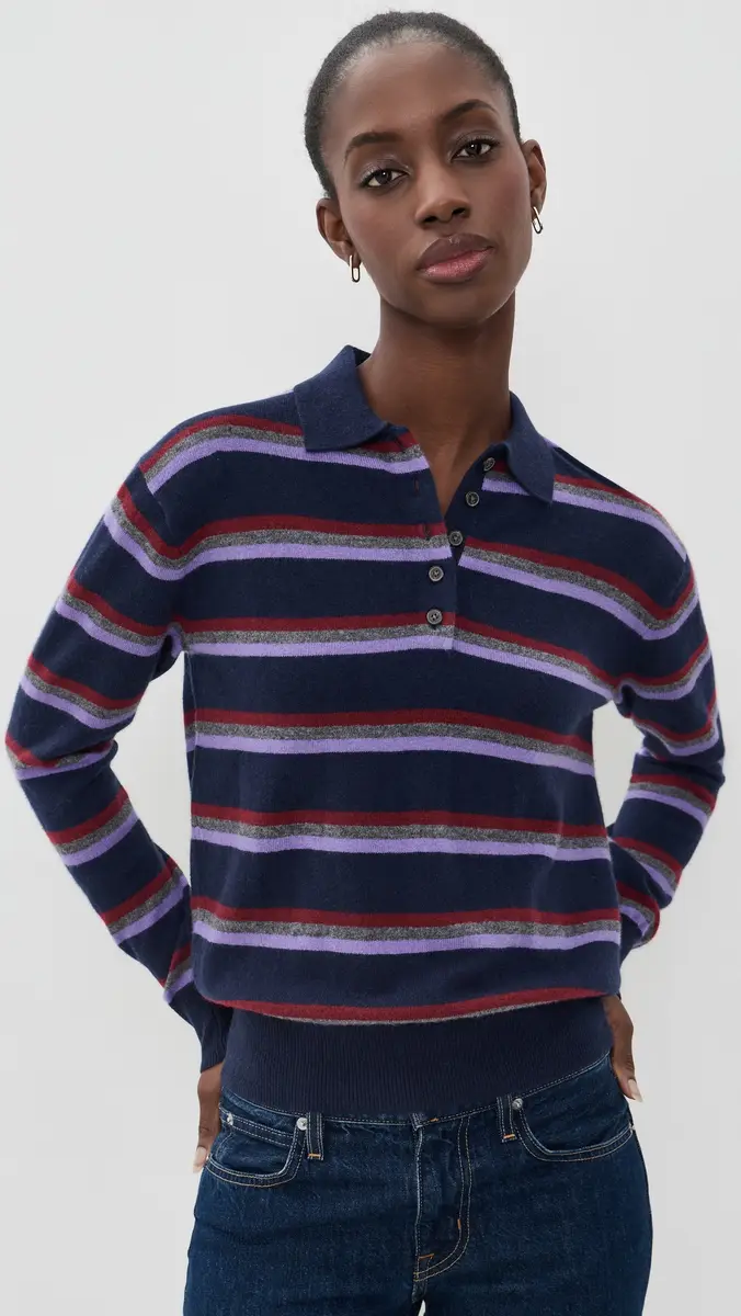 Madewell Polo Sweater In Soft Wool Navy And Merlot Multi Stripe | Thumbnail 2