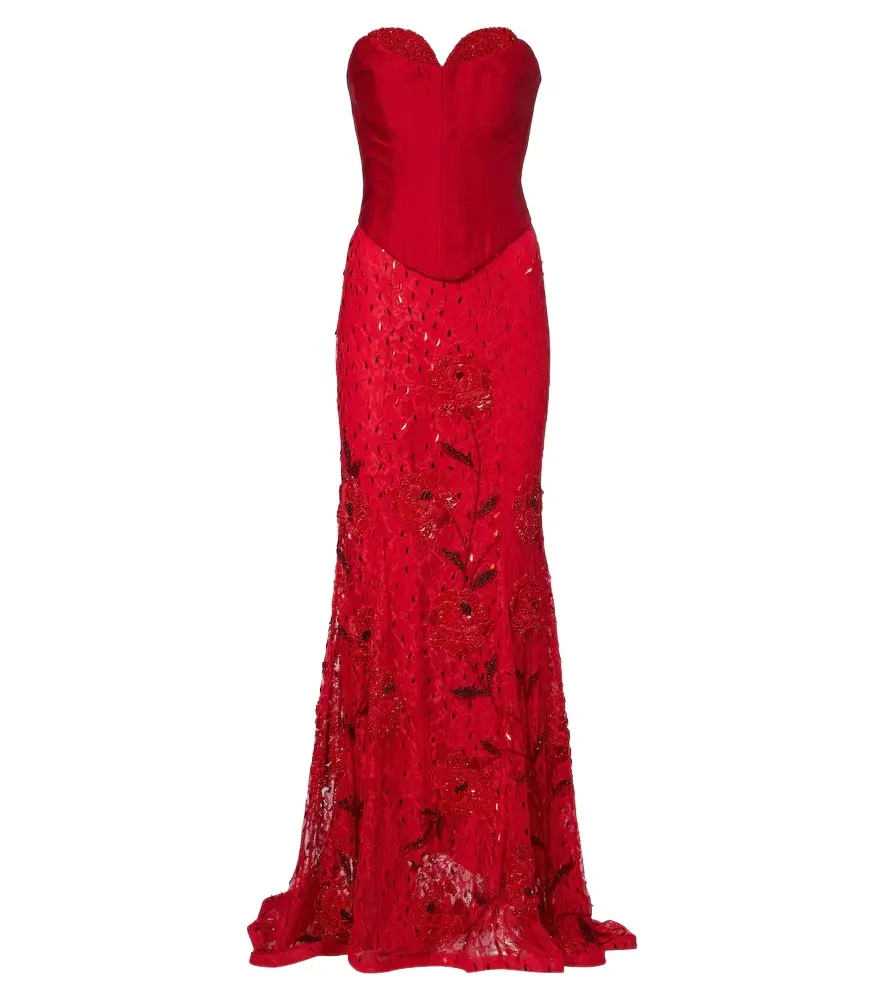 Là Fuori Embellished lace bustier gown