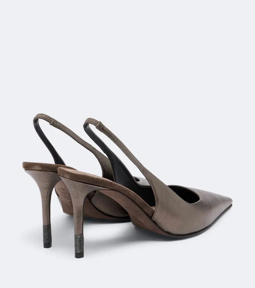 Brunello Cucinelli Monili metallic leather slingback pumps | Thumbnail 3