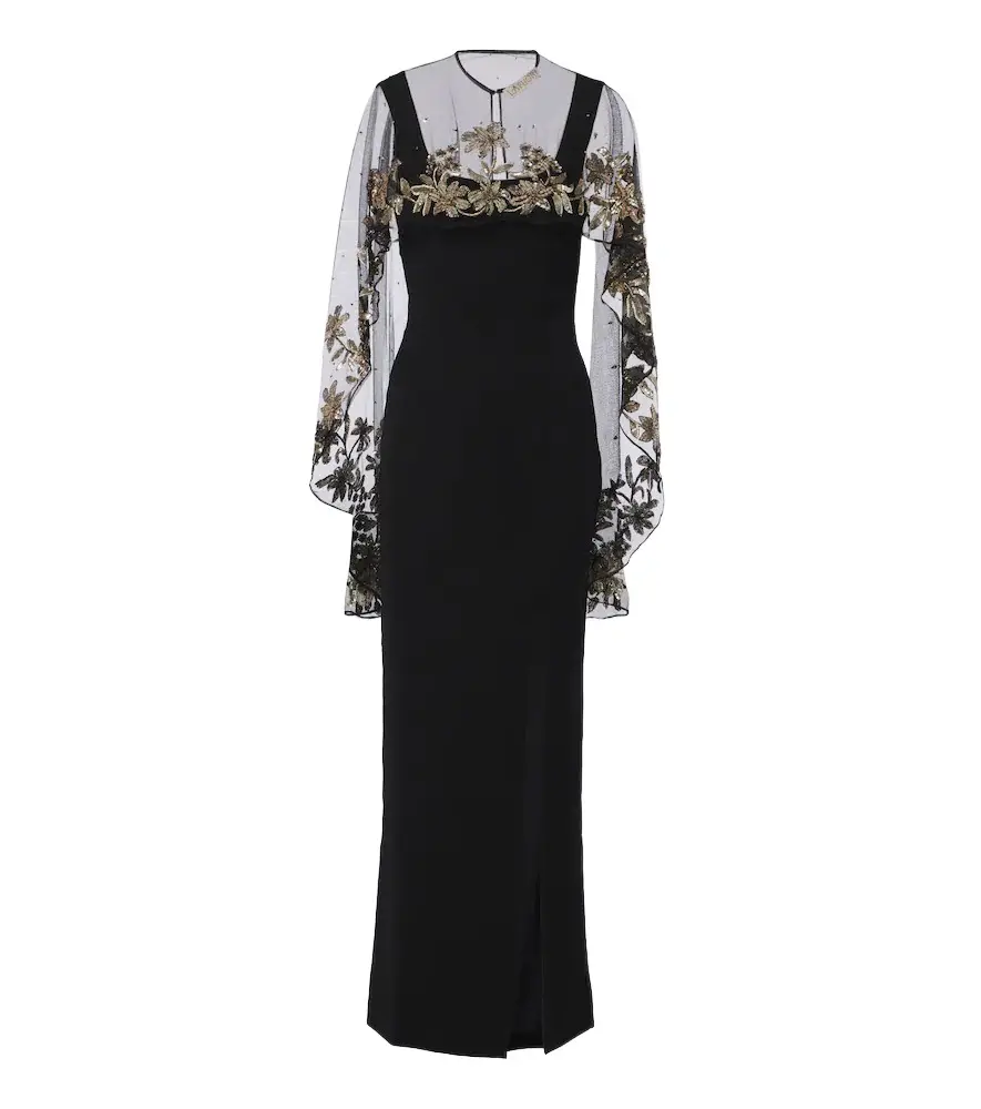 Là Fuori Floral sequined caped gown