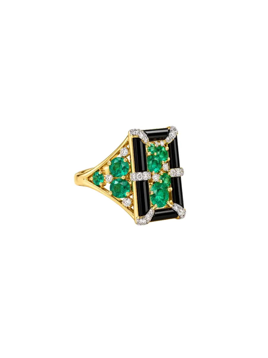 Wish Fine Jewelry 3.18ct Diamond Emerald Onyx 18K Gold Cocktail Ring | Thumbnail 2 Wish Fine Jewelry 3.18ct Diamond Emerald Onyx 18K Gold Cocktail Ring | Thumbnail 2