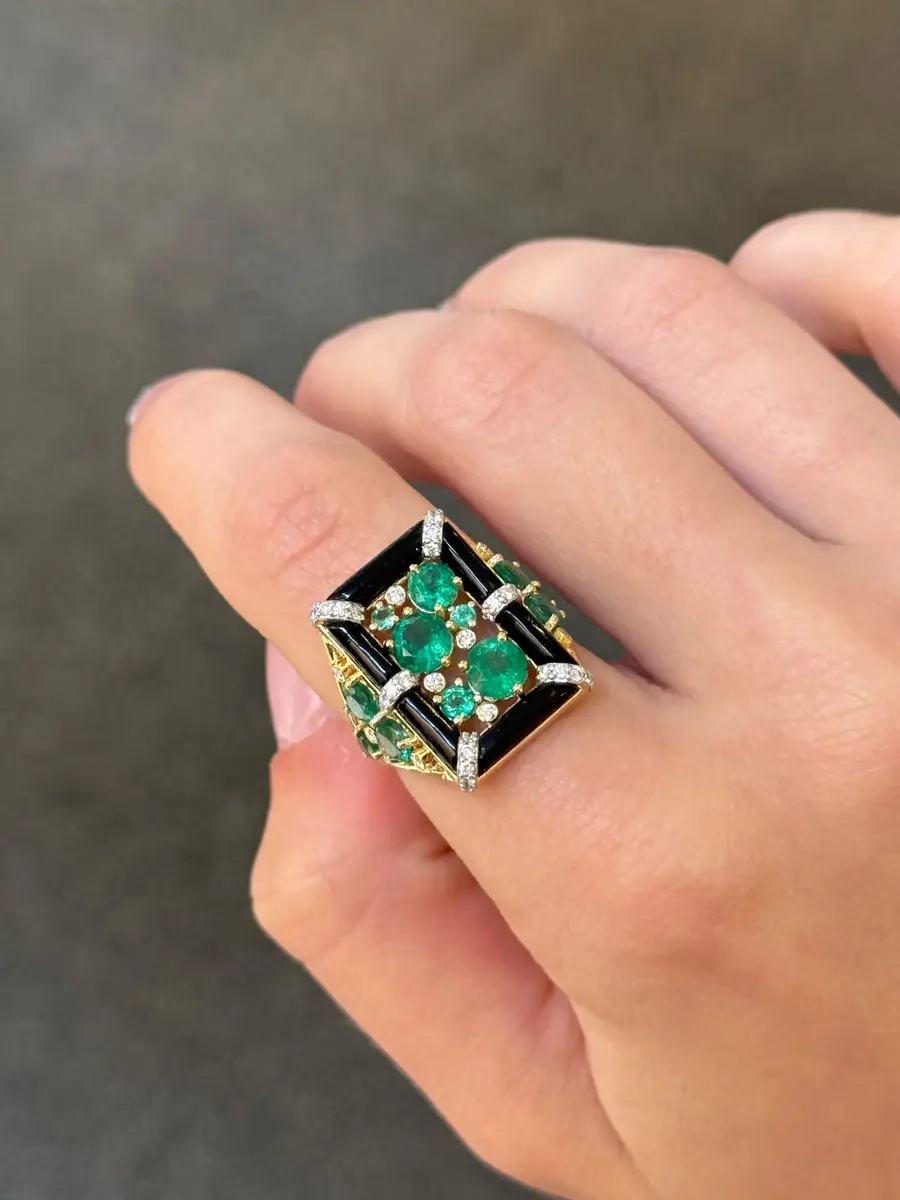 Wish Fine Jewelry 3.18ct Diamond Emerald Onyx 18K Gold Cocktail Ring | Thumbnail 3 Wish Fine Jewelry 3.18ct Diamond Emerald Onyx 18K Gold Cocktail Ring | Thumbnail 3