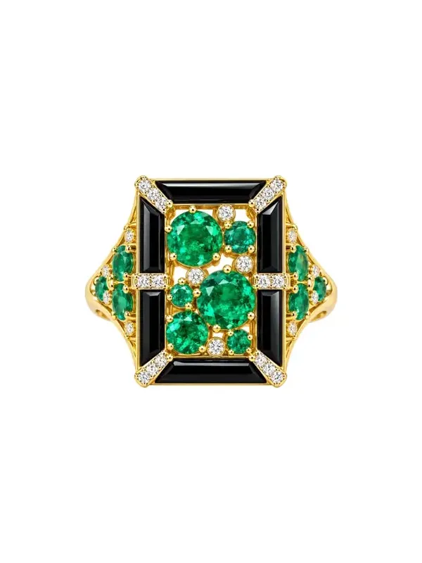 3.18ct Diamond Emerald Onyx 18K Gold Cocktail Ring 3.18ct Diamond Emerald Onyx 18K Gold Cocktail Ring