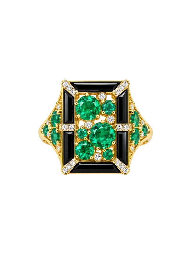3.18ct Diamond Emerald Onyx 18K Gold Cocktail Ring 3.18ct Diamond Emerald Onyx 18K Gold Cocktail Ring