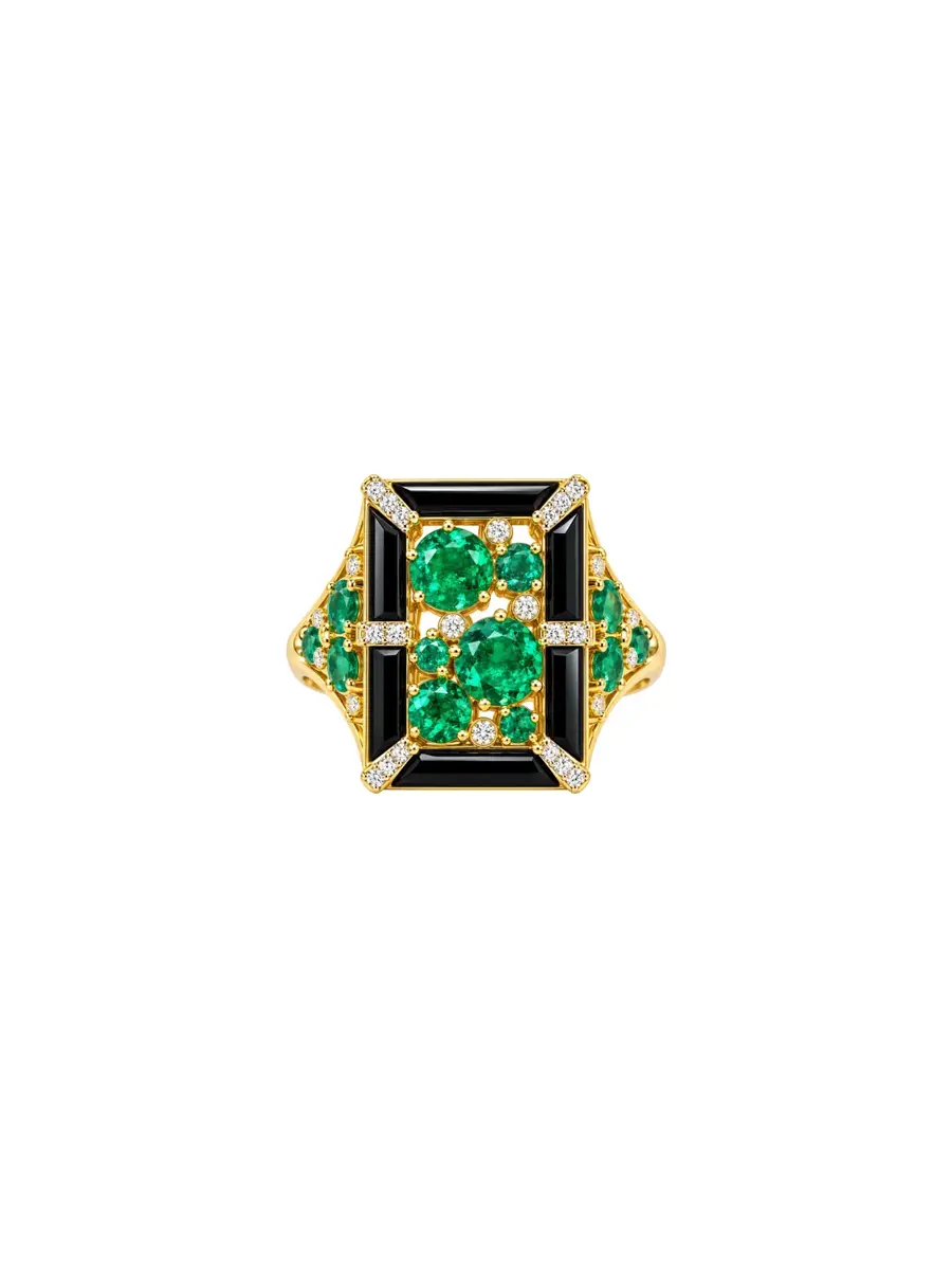 Wish Fine Jewelry 3.18ct Diamond Emerald Onyx 18K Gold Cocktail Ring