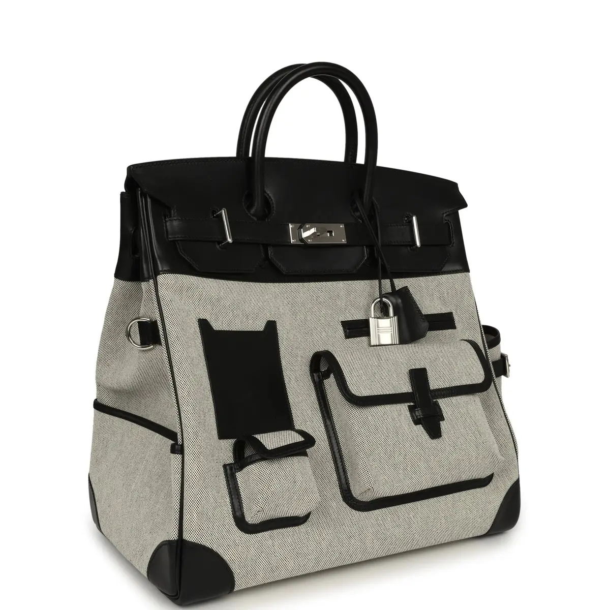 HERMÈS Pre-owned Hermes Birkin Cargo HAC 40 Black Evercalf, Ecru-Black Toile H Palladium Hardware | Thumbnail 2 HERMÈS Pre-owned Hermes Birkin Cargo HAC 40 Black Evercalf, Ecru-Black Toile H Palladium Hardware | Thumbnail 2