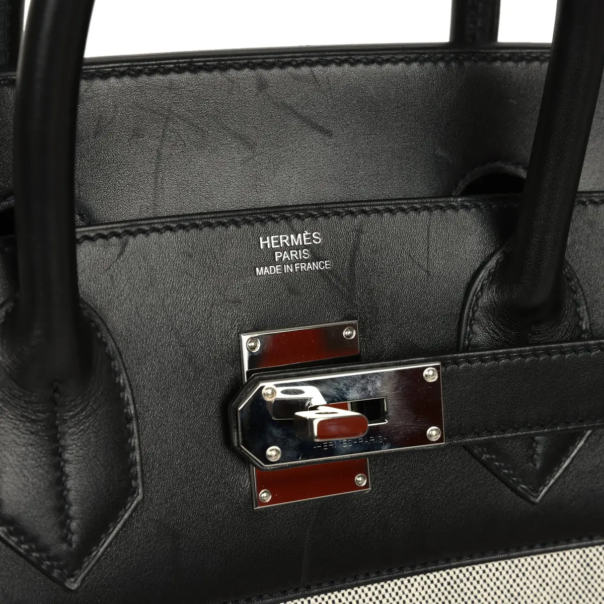 HERMÈS Pre-owned Hermes Birkin Cargo HAC 40 Black Evercalf, Ecru-Black Toile H Palladium Hardware | Thumbnail 9 HERMÈS Pre-owned Hermes Birkin Cargo HAC 40 Black Evercalf, Ecru-Black Toile H Palladium Hardware | Thumbnail 9