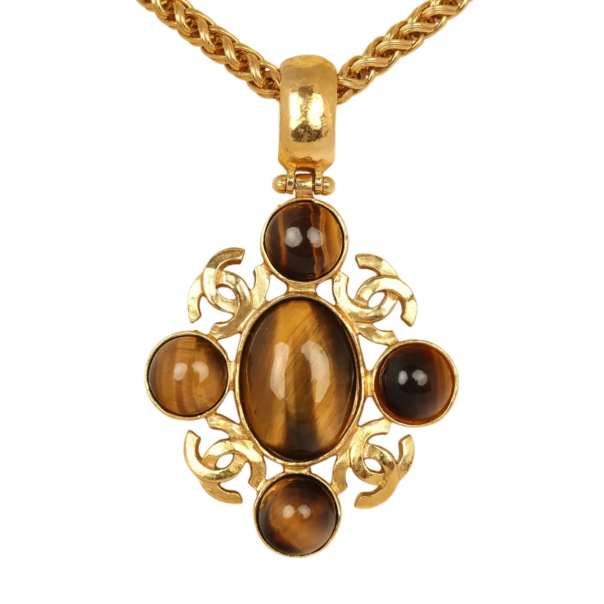 Chanel Vintage Chanel Long CC Gripoix Stone Pendant Necklace Tiger Eye, Gold Plated Hardware | Thumbnail 2 Chanel Vintage Chanel Long CC Gripoix Stone Pendant Necklace Tiger Eye, Gold Plated Hardware | Thumbnail 2