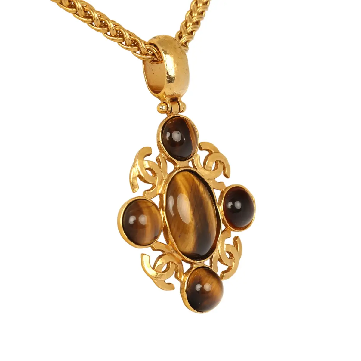 Chanel Vintage Chanel Long CC Gripoix Stone Pendant Necklace Tiger Eye, Gold Plated Hardware | Thumbnail 3 Chanel Vintage Chanel Long CC Gripoix Stone Pendant Necklace Tiger Eye, Gold Plated Hardware | Thumbnail 3