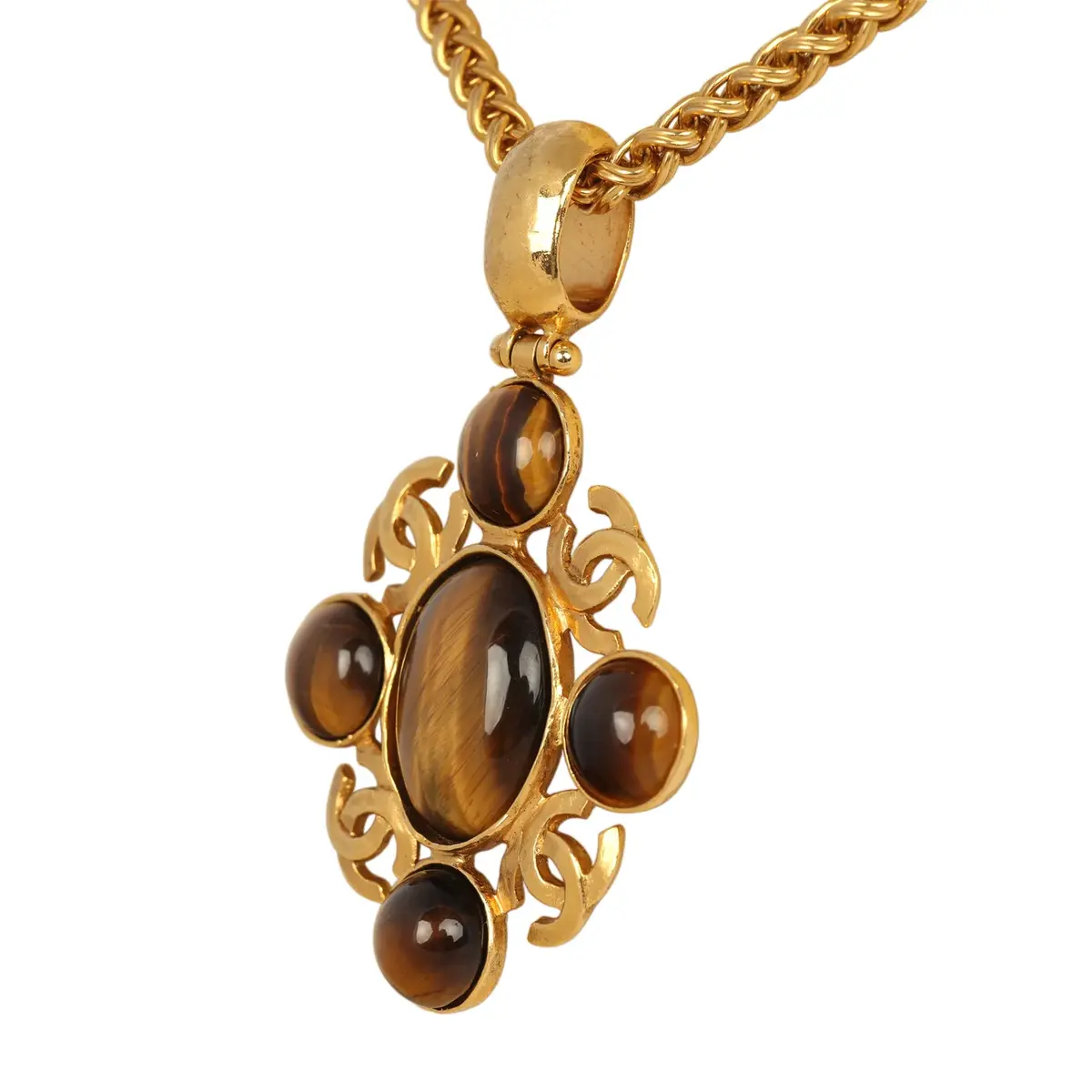 Chanel Vintage Chanel Long CC Gripoix Stone Pendant Necklace Tiger Eye, Gold Plated Hardware | Thumbnail 5 Chanel Vintage Chanel Long CC Gripoix Stone Pendant Necklace Tiger Eye, Gold Plated Hardware | Thumbnail 5