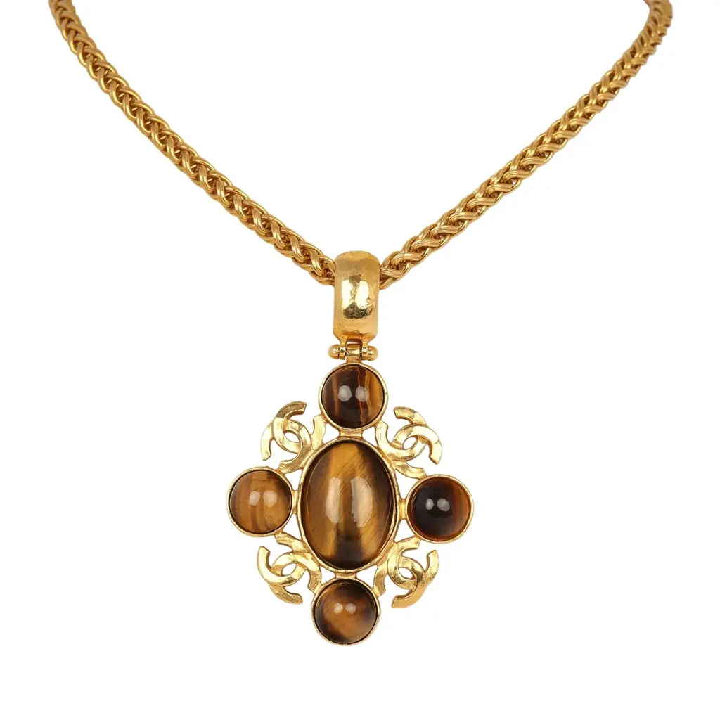 Chanel Vintage Chanel Long CC Gripoix Stone Pendant Necklace Tiger Eye, Gold Plated Hardware