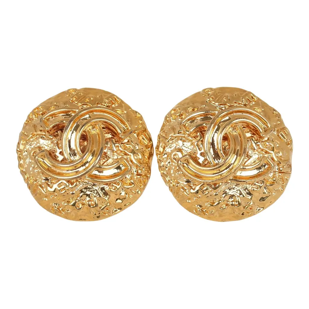 Chanel Vintage Chanel Round CC Coco Textured Clip on Earrings Gold Plated Hardware