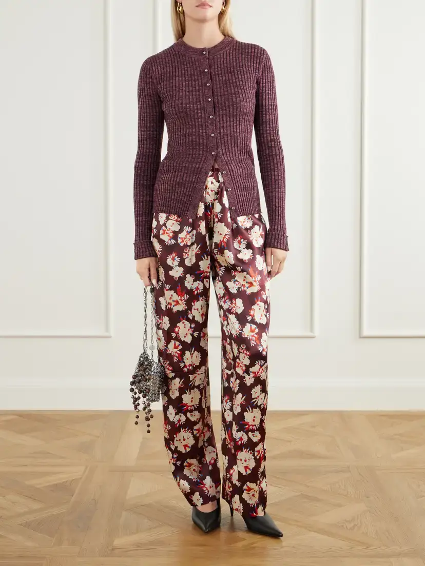 Rabanne Ribbed Wool And Silk-blend Cardigan - Burgundy | Thumbnail 2