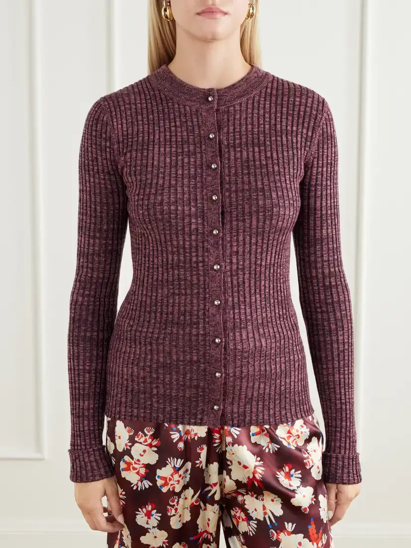 Rabanne Ribbed Wool And Silk-blend Cardigan - Burgundy | Thumbnail 3