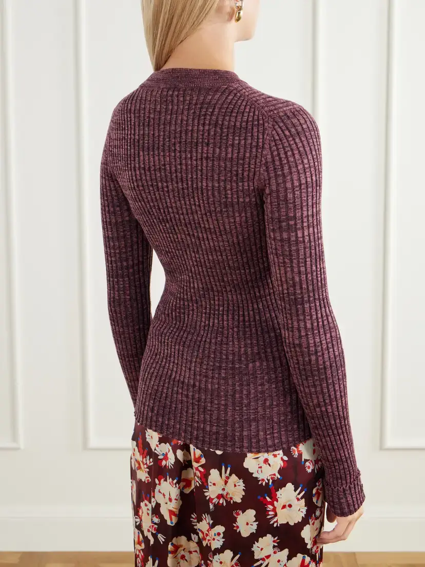Rabanne Ribbed Wool And Silk-blend Cardigan - Burgundy | Thumbnail 4