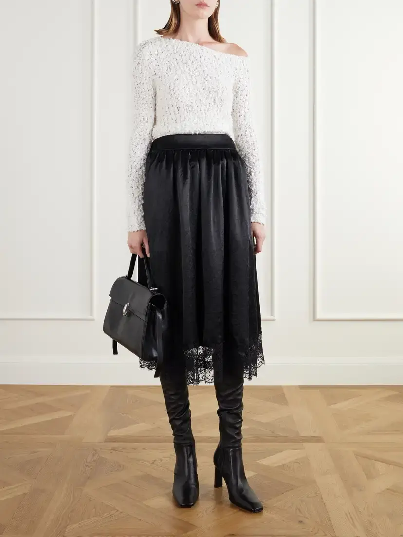 Maria McManus Gathered Lace-trimmed Crinkled Satin Midi Skirt | Thumbnail 2