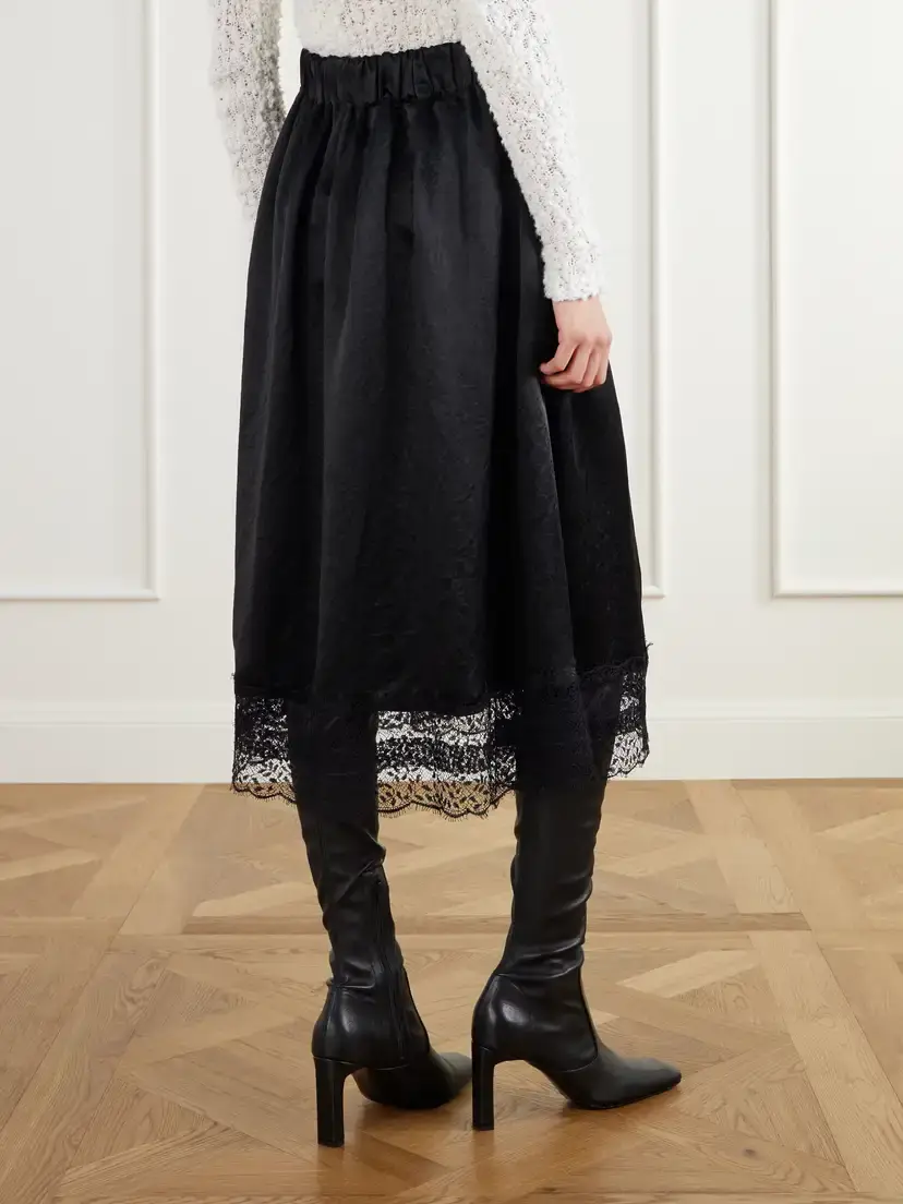 Maria McManus Gathered Lace-trimmed Crinkled Satin Midi Skirt | Thumbnail 3