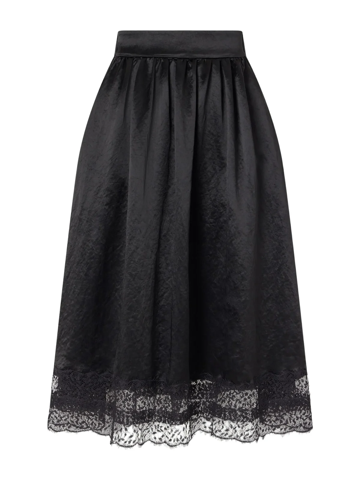 Maria McManus Gathered Lace-trimmed Crinkled Satin Midi Skirt