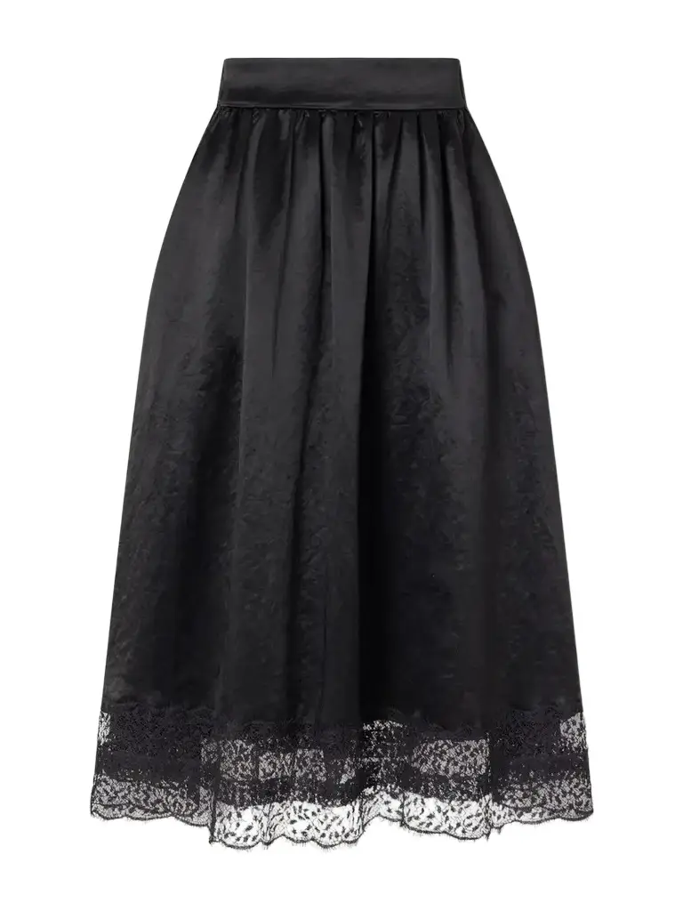 Maria McManus Gathered Lace-trimmed Crinkled Satin Midi Skirt