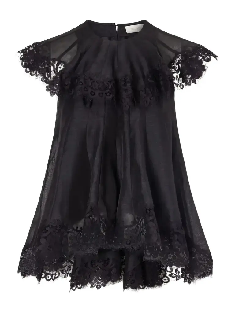 Zimmermann Ascent Flutter Ruffled Cape-effect Lace-trimmed Linen And Silk-blend Voile Blouse