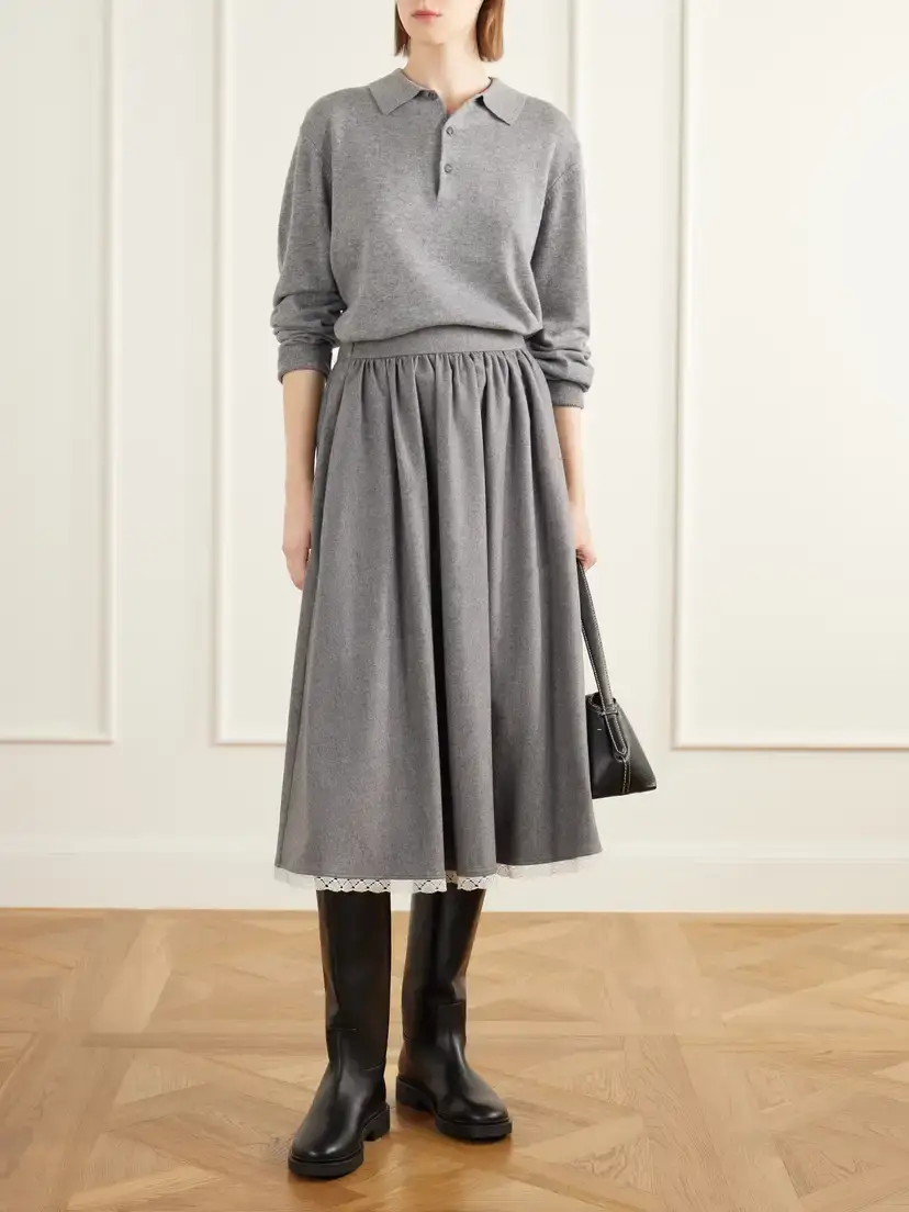 Maria McManus Gathered Lace-trimmed Wool-blend Flannel Midi Skirt | Thumbnail 2