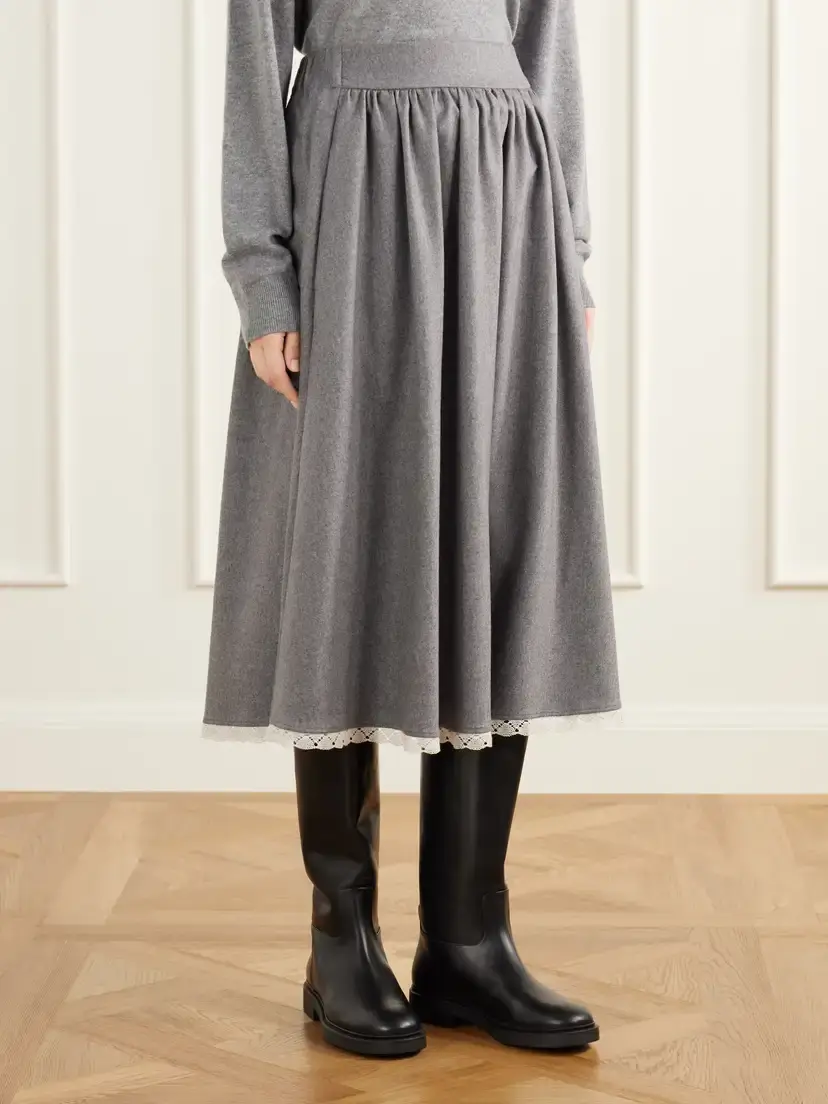 Maria McManus Gathered Lace-trimmed Wool-blend Flannel Midi Skirt | Thumbnail 3