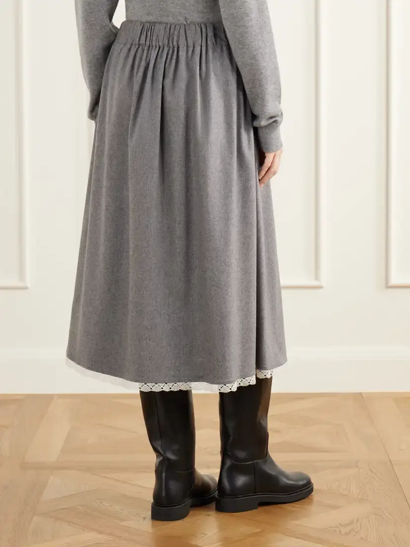 Maria McManus Gathered Lace-trimmed Wool-blend Flannel Midi Skirt | Thumbnail 4