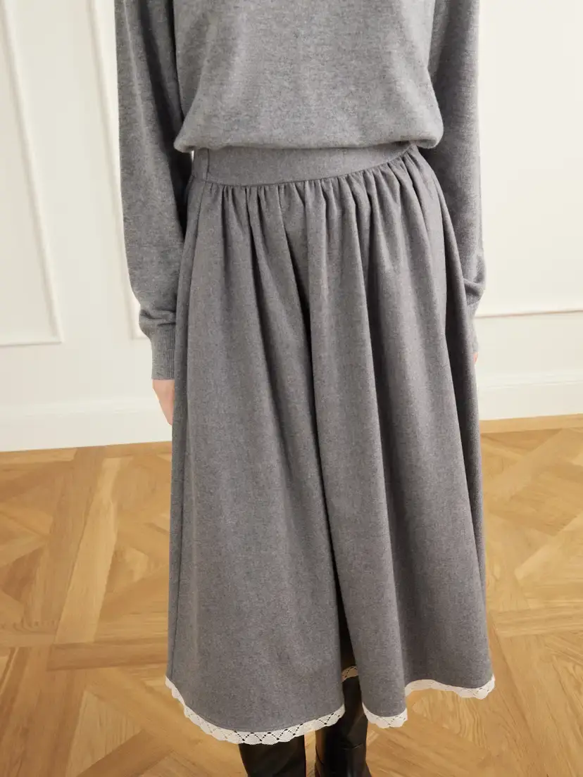 Maria McManus Gathered Lace-trimmed Wool-blend Flannel Midi Skirt | Thumbnail 5