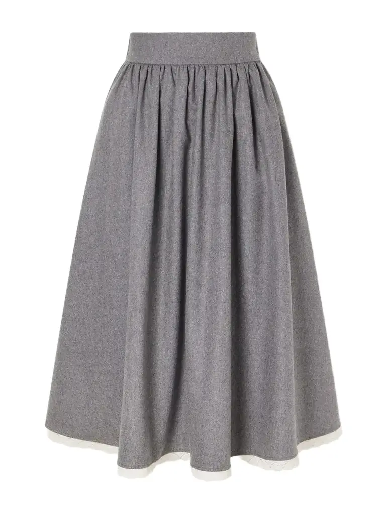Maria McManus Gathered Lace-trimmed Wool-blend Flannel Midi Skirt