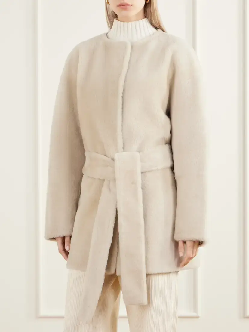 Almada Sasha Collarless Belted Shearling Coat | Thumbnail 3