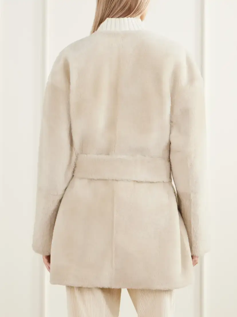 Almada Sasha Collarless Belted Shearling Coat | Thumbnail 4