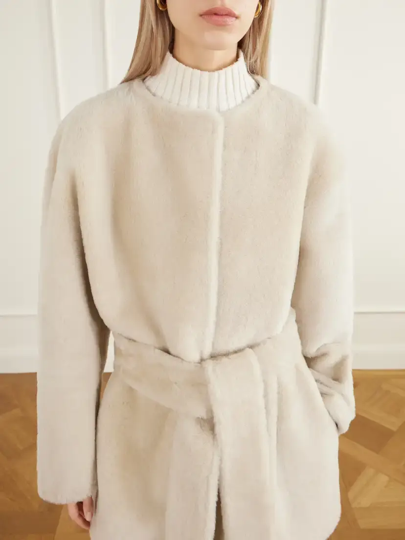 Almada Sasha Collarless Belted Shearling Coat | Thumbnail 5