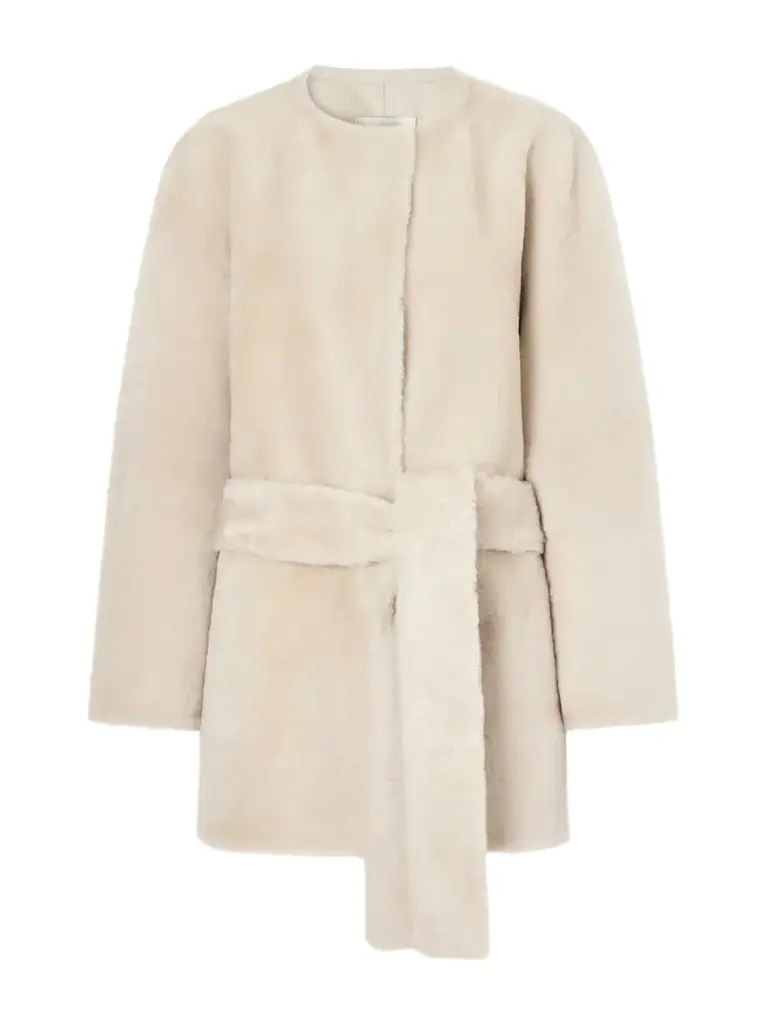 Sasha Collarless Belted Shearling Coat Sasha Collarless Belted Shearling Coat