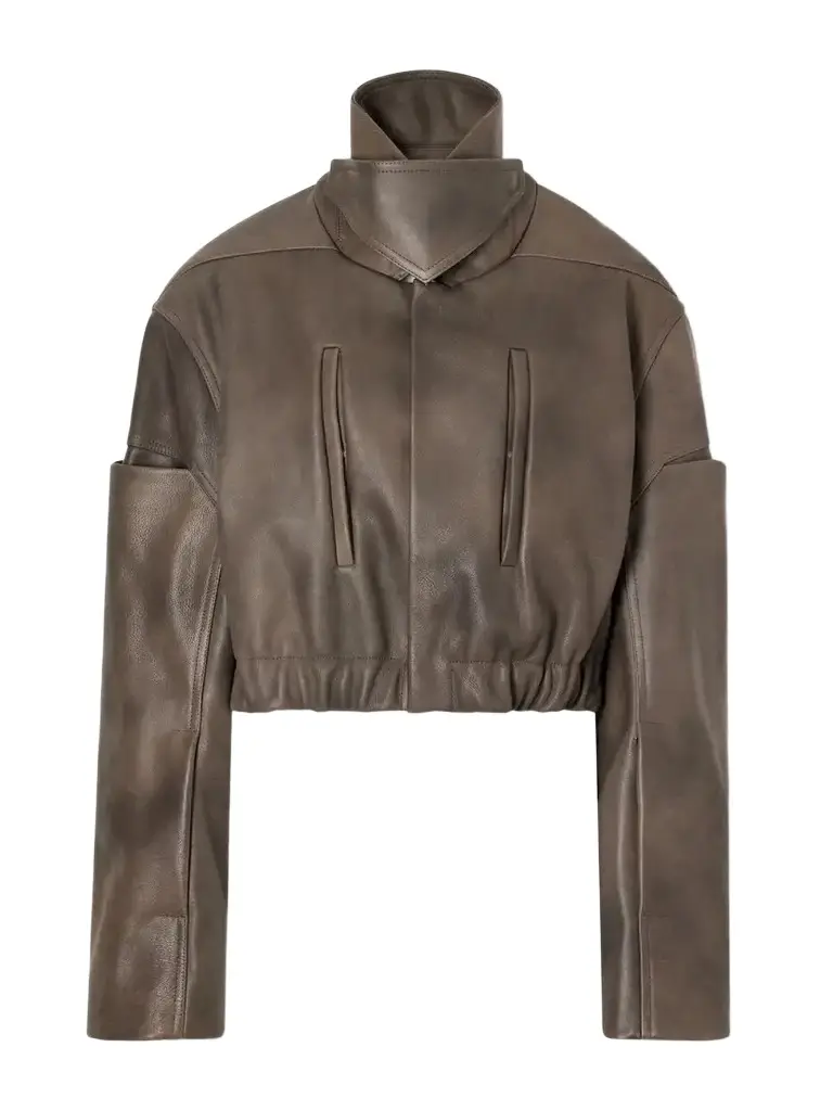 Cropped Funnel-neck Leather Jacket
