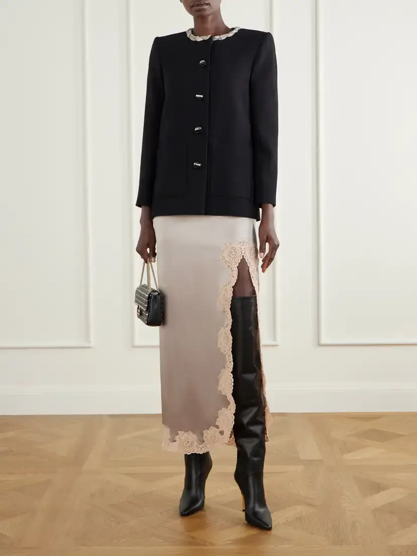 Valentino Garavani Lace-trimmed Silk-satin Midi Skirt | Thumbnail 2 Valentino Garavani Lace-trimmed Silk-satin Midi Skirt | Thumbnail 2