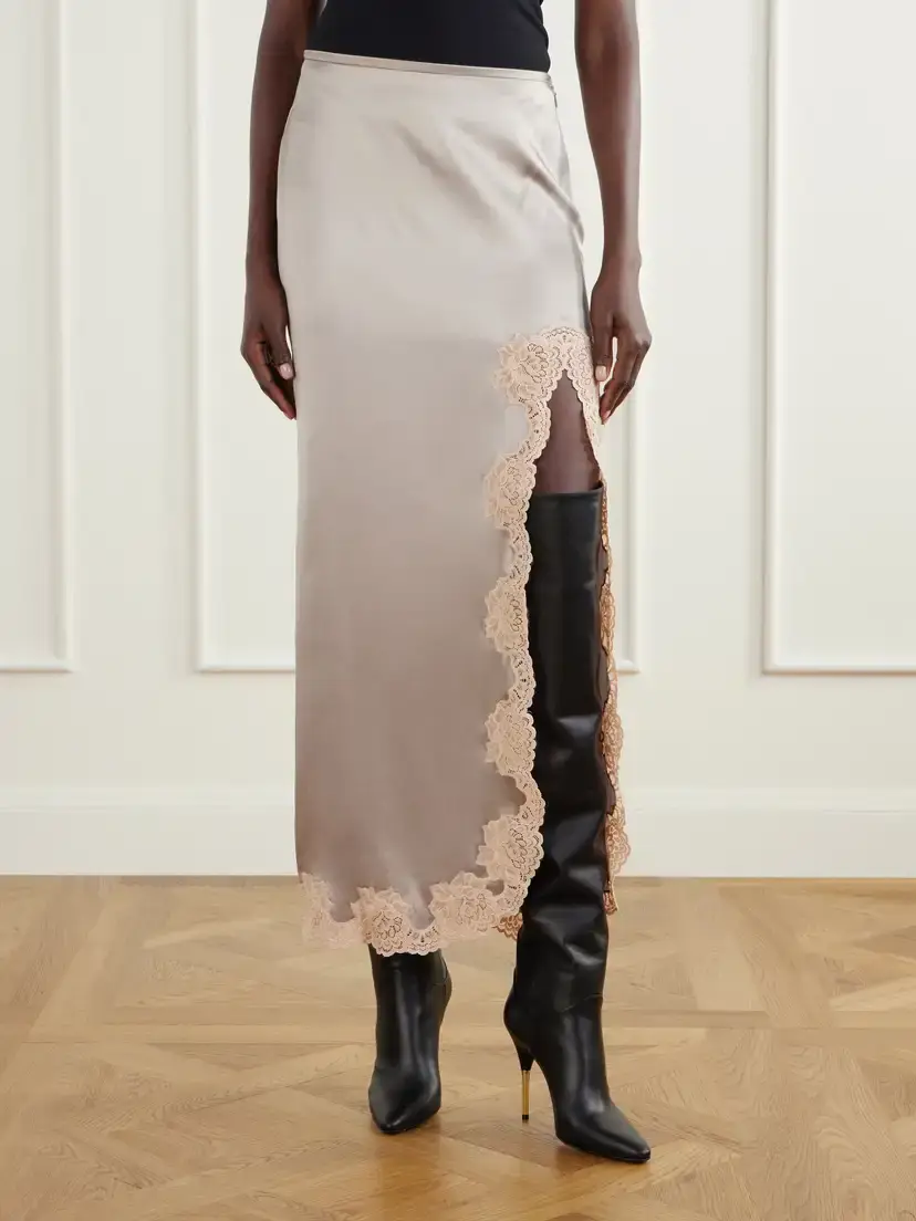 Valentino Garavani Lace-trimmed Silk-satin Midi Skirt | Thumbnail 3 Valentino Garavani Lace-trimmed Silk-satin Midi Skirt | Thumbnail 3