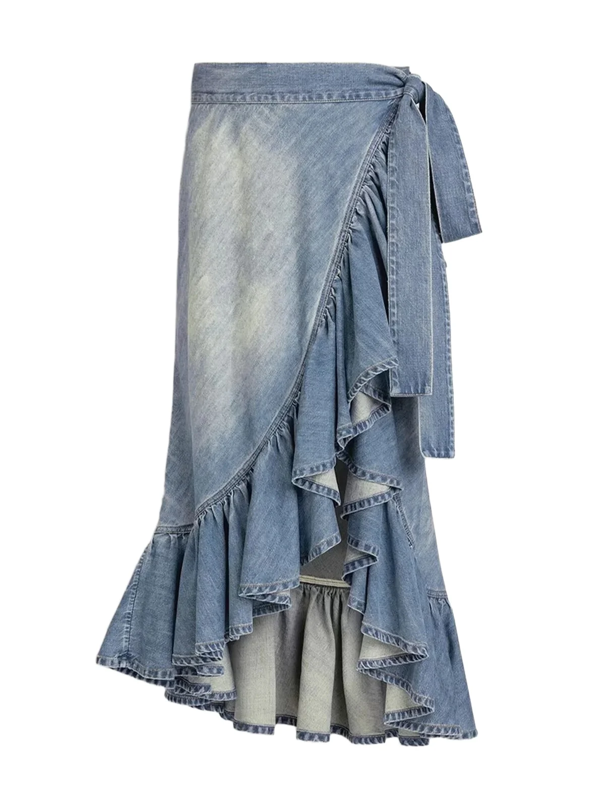 Alaïa Ruffle Denim Wrap Midi Skirt