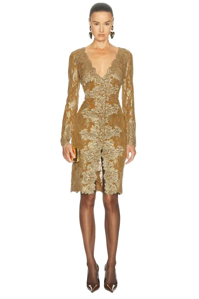 Saint Laurent Floral Lace Long Sleeve Dress
