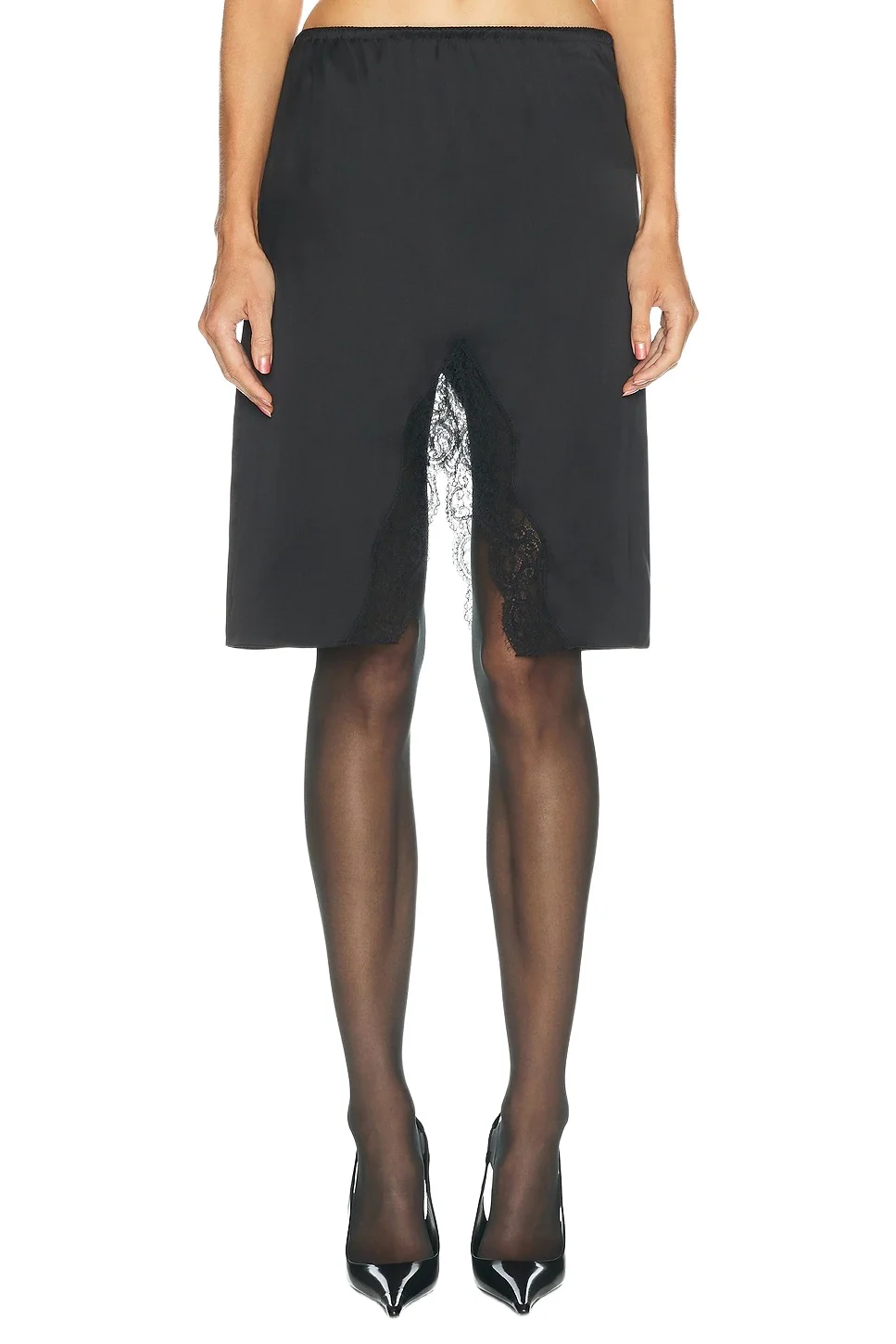 Lace Trimmed Satin Midi Skirt Lace Trimmed Satin Midi Skirt