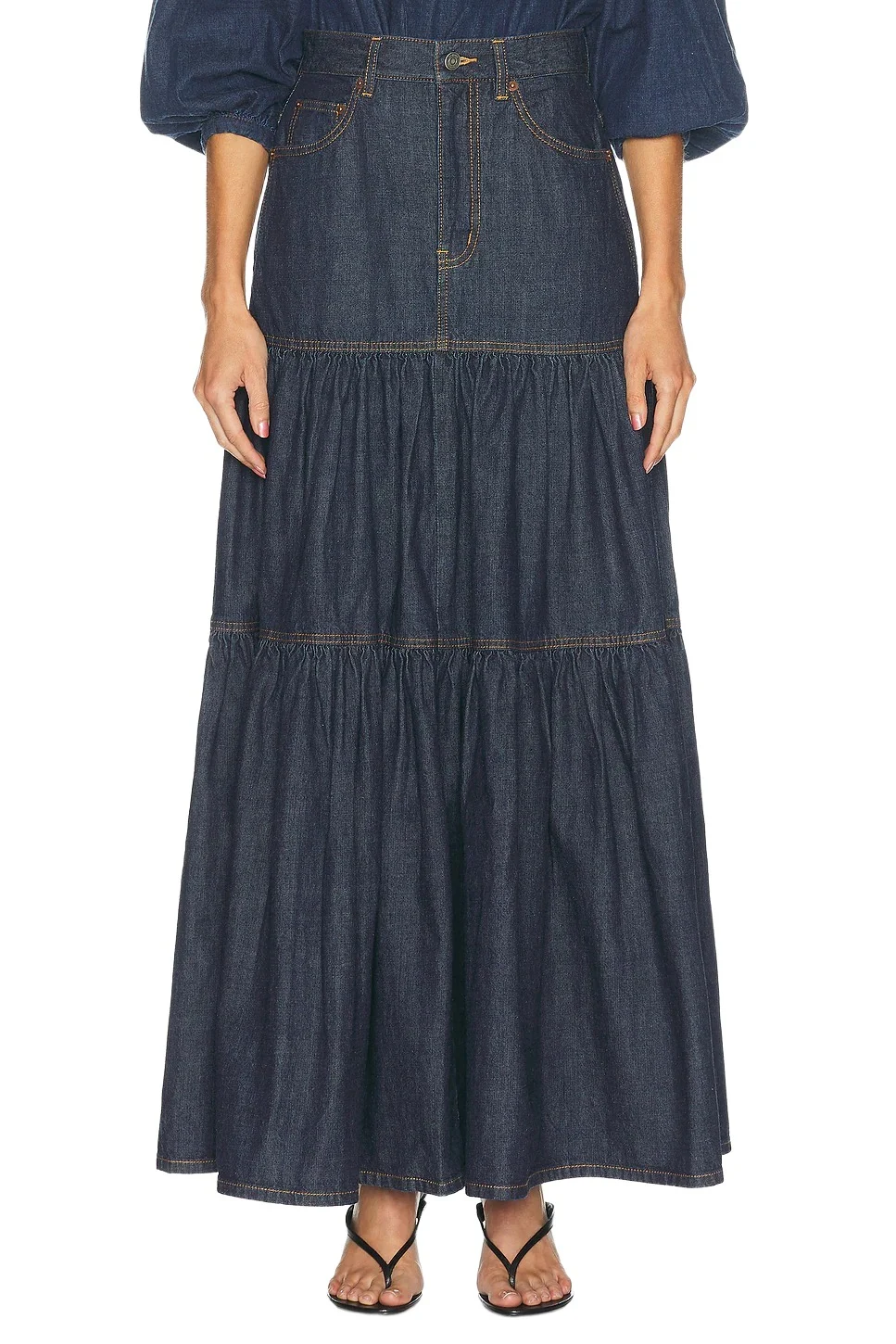 Saint Laurent Denim Long Ruffle Skirt