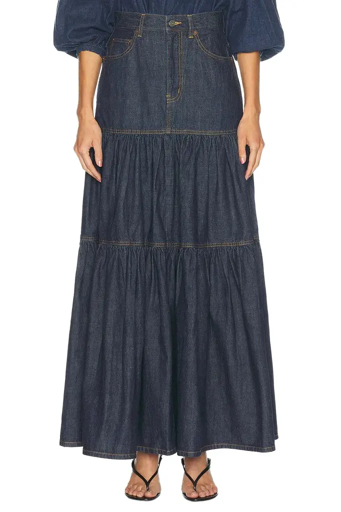 Saint Laurent Denim Long Ruffle Skirt
