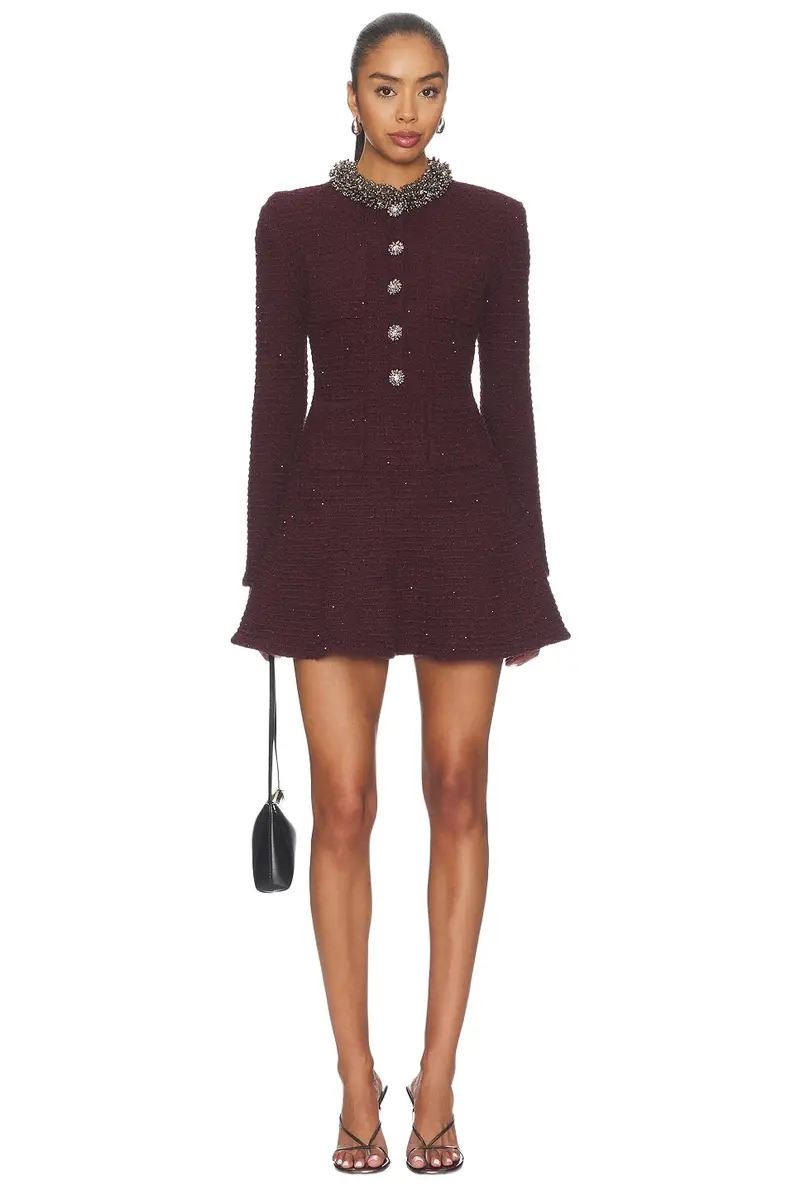 Burgundy Textured Knit Embellished Mini Dress