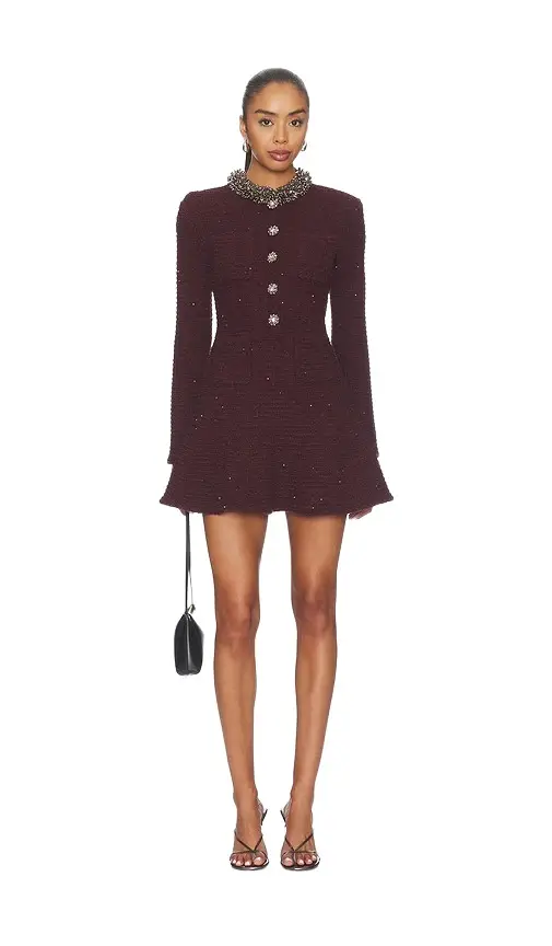 Self-Portrait Burgundy Textured Knit Embellished Mini Dress