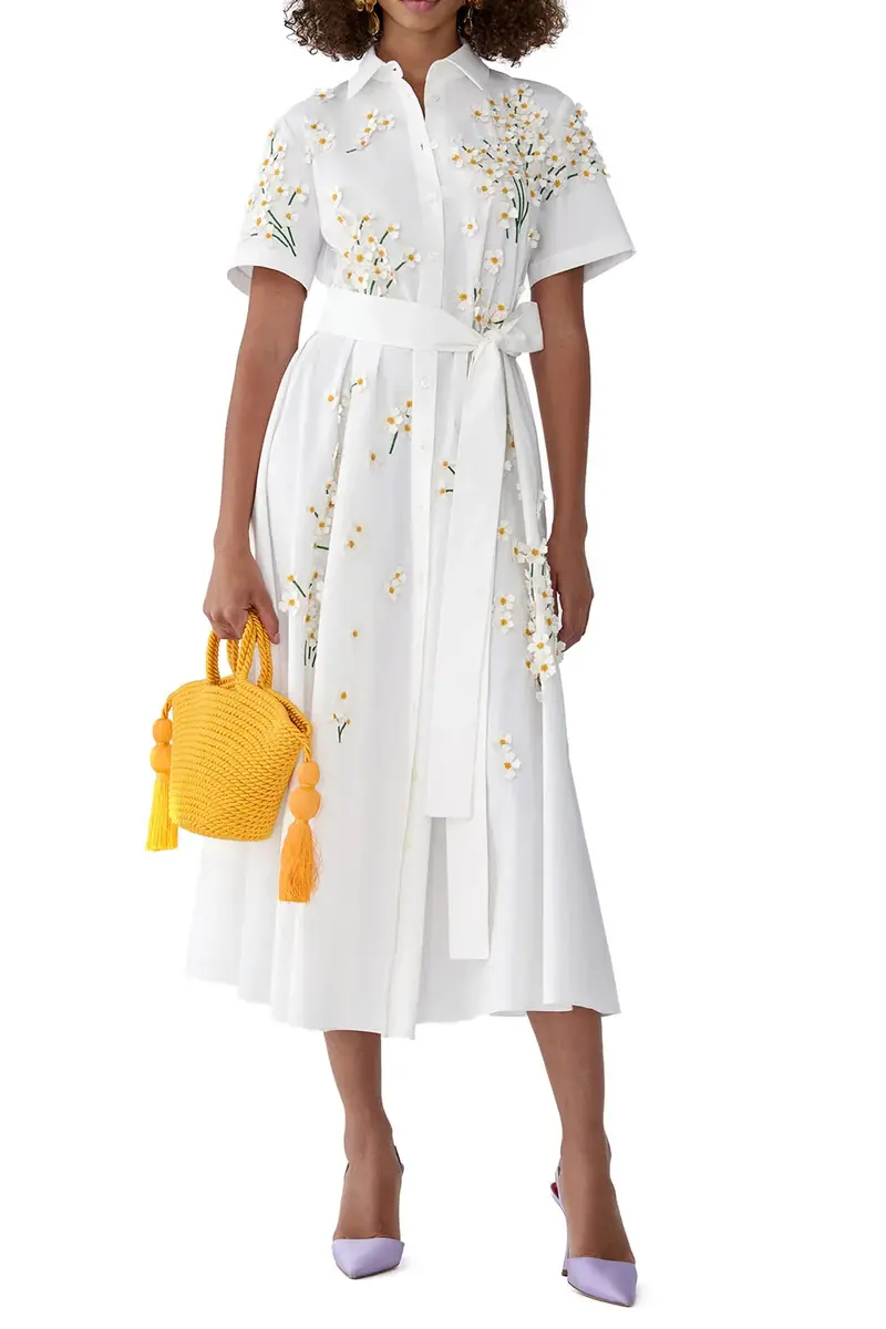 Carolina Herrera Embroidered Floral Short Sleeve Belt Shirt Dress | Thumbnail 2