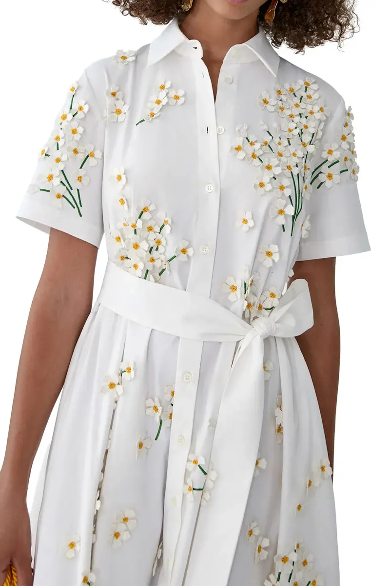 Carolina Herrera Embroidered Floral Short Sleeve Belt Shirt Dress | Thumbnail 3
